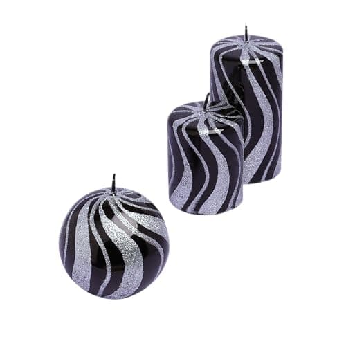 Image of Black and Silver Spiral Glitter Glass Effect Reflecting Gloss Pillar Candles (Set of All 3)