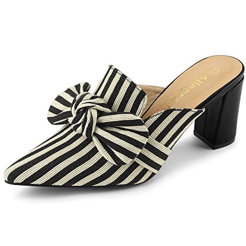 Image of Allegra K Women's Stripe Bow Pointed Toe Block Heel Slides Mules Black 4 UK/Label Size 6 US