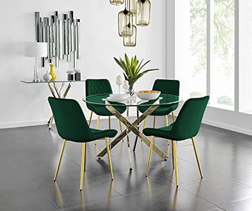 Image of Furniturebox UK Novara 120cm Clear Round Glass and Gold Leg Kitchen Dining Table & 4 Green Velvet Gold Leg Pesaro Dining Chairs