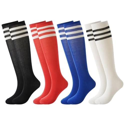 Image of BONANGEL 4 Pairs Kids Football Socks Boys Girls 3-6 6-8 9-12 Years Knee High School Socks Black White Athletic Long Sleeves Cotton Sports Soccer Training Socks for Junior