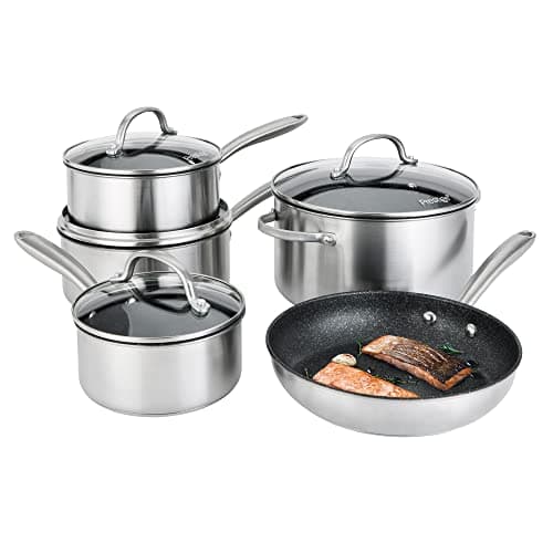 Image of Prestige Scratch Guard Stainless Steel Pots and Pans Sets Non Stick - 5 Piece Induction Suitable, Toughened Scratch Resistant Pan Set, Dishwasher Safe, Durable Brushed Steel Cookware