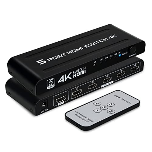 Image of HDMI Switch 5 in 1 Out, 5 Port HDMI Switcher Box HDMI Splitter with IR Remote Control, Support 4K@30Hz, HDR, HDCP, 3D, 1080P HDTV PS3 PS4 Xbox Projector Blu-ray Player+UK Power Supply