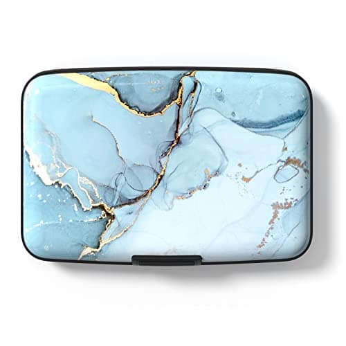 Image of Hsxnam Credit Card Holder Wallet, RFID Blocking Credit Card Case Aluminum Metal Cute Business Card Holder Pocket ID Case for Women Men, Blue Marble