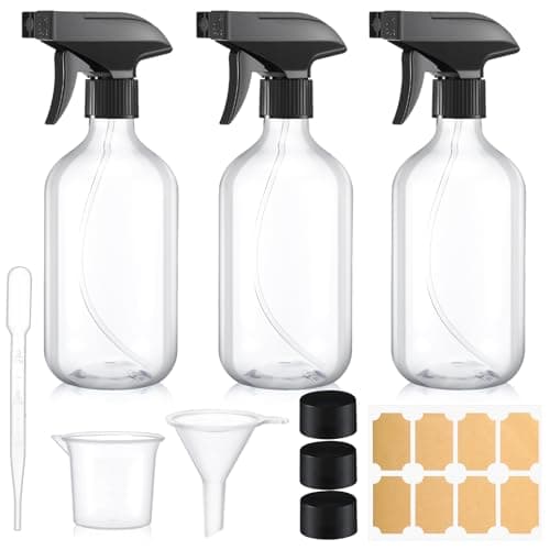 Image of saerryor 3 Pack 500ml Spray Bottles with 25ml Plastic Beaker & 8 Labels, Refillable Fine Mist Water Sprayer Leakproof Seal Cap for Cleaning, Hair, Plants, Gardening