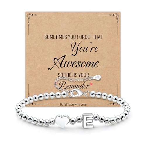 Image of AGR8T S925 Silver Bracelets For Women Girls Initial Letter Heart Bead Bracelet Valentines Birthday Gifts For Daughter Sister Mum Friends Jewellery (E)
