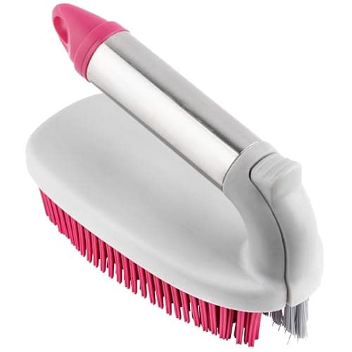 Image of Kleeneze 2 in 1 Scrubbing Brush - Rubber Bristles, Crevice Cleaning Brush, Removable Thin Brush for Cleaning Tiles, Grout and Hard to Reach Areas, Bathroom/Kitchen Scrubber, Pink/Grey