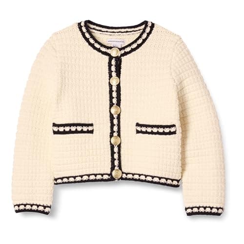 Image of Amazon Essentials Girls' Knitted Cardigan, Ivory Black, 6-7 Years
