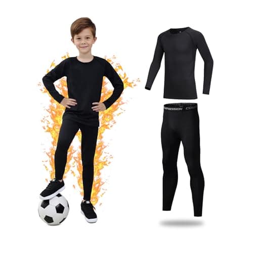 Image of Kelvindra Base Layer Kids - Fleece Lined Skins for Boys Athletic, Warm Football Skins Suit for 4~13 Age, Long Sleeve Top & Bottom Kids Thermal Base Layer Set for Ski Running and Daily Life Black