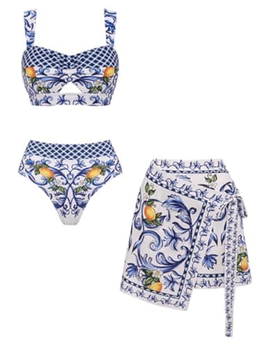 Image of FLAXMAKER Women's High Waisted Bikini Sets Lemon Print Two Piece Modest Bathingsuit Swimsuit Skirt/Sarong (UK, Alpha, L, Regular, Regular, Swimsuit and Sarong)