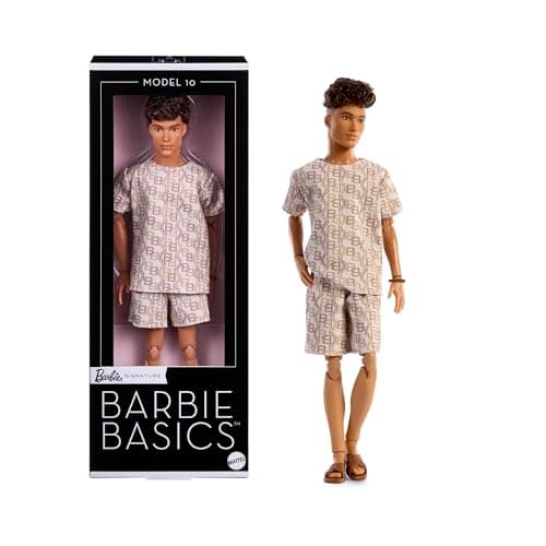 Image of Barbie Basics Model Collector Ken Fashion Doll 10 with Brunette Hair in Shirt & Shorts with Matching Print, Universal-fit Fashions & Posable Body, JJX29