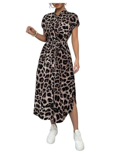 Image of GORGLITTER Women's Leopard Shirt Dresses Button Front A Line Midi Mock Neck Short Sleeve Belted Elegant Dress Coffee Brown Small