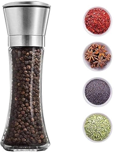 Image of Salt and Pepper Grinder - Premium Stainless Steel Mill with Adjustable Coarseness - Glass Body with Ceramic Grinder (1PCS)