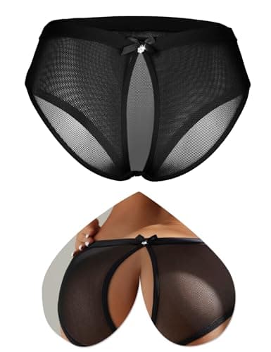 Image of ohmydear Women's Lace Mesh Knickers Sexy Cheeky Panties Plus Size French Underwear Women Thongs Hollow Out Tanga Briefs Black Ladies Cute Bow Hipster Underpants