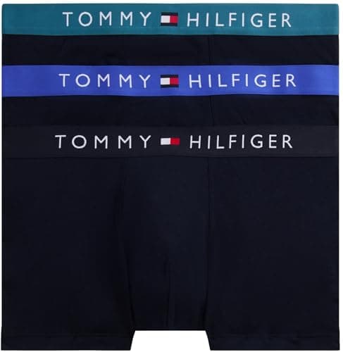 Image of Tommy Hilfiger Men’s 3 Pack Trunks with Logo Waistband, Multicolor (D Sky/Fmy Ocn/Nob Blu), S