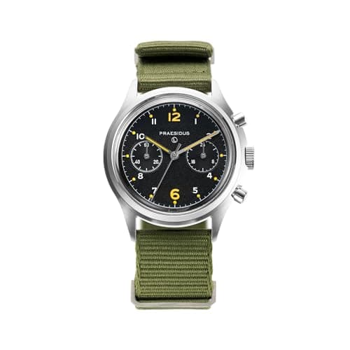 Image of PRAESIDUS | Pilot Asymmetrical Chrono-76 - Chronograph Watch, Men's Wrist Watches - Pilot, Military - Case 38mm, Popcorn Black Dial - Two-Piece Green Nylon Strap, Assembled in The USA | Gifts for Men