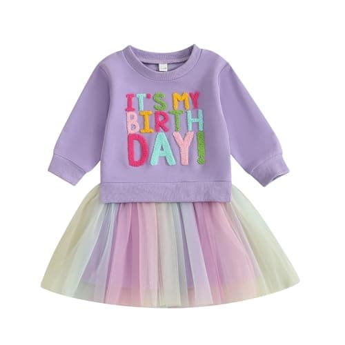Image of Toddler Girls Birthday Dress Long Sleeve Letter Embroidery Tulle Tutu Skirt Layered Tiered Puffy Hem A-Line Princess Dress Sweatshirt Pullover Baby Girl Birthday Outfits (Purple, 2-3 Years)