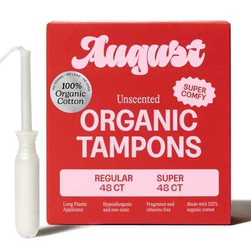 Image of August Super + Regular Tampons - 96-Pack (6 Packs of 16) 100% Organic Cotton Tampons for Women and Anyone Who Menstruates, Non-Toxic, Fragrance-Free, and Hypoallergenic with Long Applicators