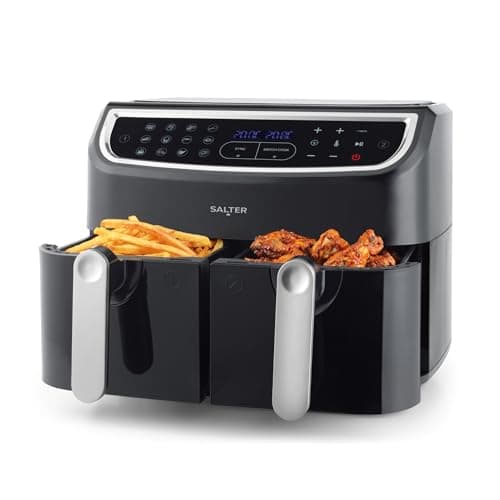 Image of Salter EK4548 Dual Air Fryer - Double Drawer, 2 XL Non-Stick Cooking Trays, Sync & Match Cook Function, Independent Cooking, 8.2L, Sensor Touch Display, 12 Presets, Oil Free, 2200W-2600W, Black/Silver
