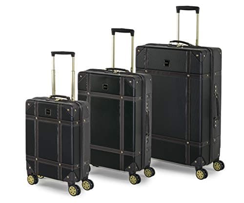 Image of Rock Vintage Set of 3 Hard Shell Suitcases in Black - Nostalgic Design, Dual 360 Swivel-Wheels, Telescopic Handle, Impact-Resistant Material & TSA Combination Lock - Small, Medium & Large