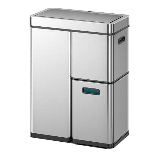 Image of EKO Mirage Plus 60L rubbish bin with 3 compartments- 2x15L+30L,large stainless steel sensor kitchen bin recycling and waste,automatic trash can with Lid and 3 plastic inner buckets