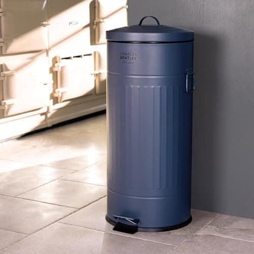 Image of CHARLES BENTLEY Kitchen Bin, 30 Litre, Steel, Round, Retro Style, Kitchen Pedal Waste Bin, Dark Blue, Contemporary, Aesthetic, Convenient, Side And Lid Handles, Inner Bucket, Easy Emptying (68.5x29cm)
