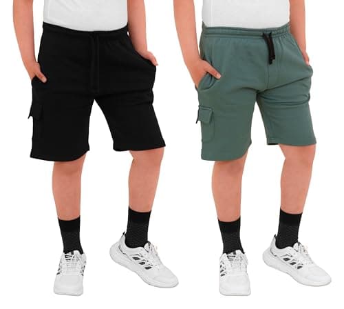 Image of biyya® 2 Pack Boys Cargo Shorts with Pockets Kids Terry Fleece Short Summer Shorts Elasticated Waistband 5-14 Years (BTS-66-B, 7-8 Years)