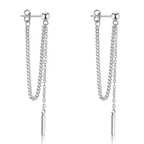 Image of Weviway Silver Chain Drop Earrings, Long Tassel Dangle Studs, Wedding Threader Jewellery for Women