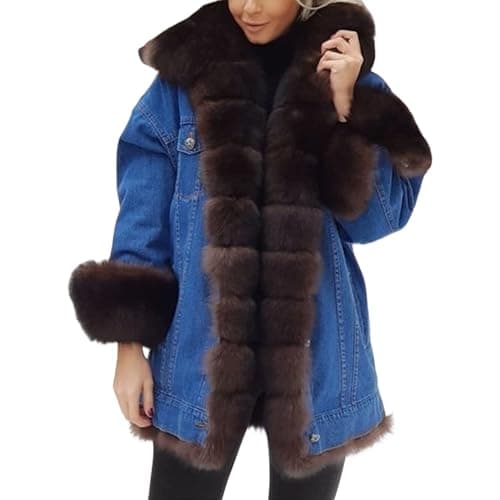 Image of Long Sherpa Coat Women Denim Trench Jacket Faux Fur Trim Oversized Jean Outerwear Winter Wear Jean Trench Coat