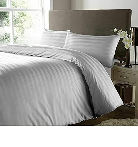 Image of RAYYAN LINEN Satin Stripes Duvet Cover Set Satin 100% Egyptian Cotton 400 Thread Count Luxury Hotel Quality with Pillowcases (Grey Silver, Super King)