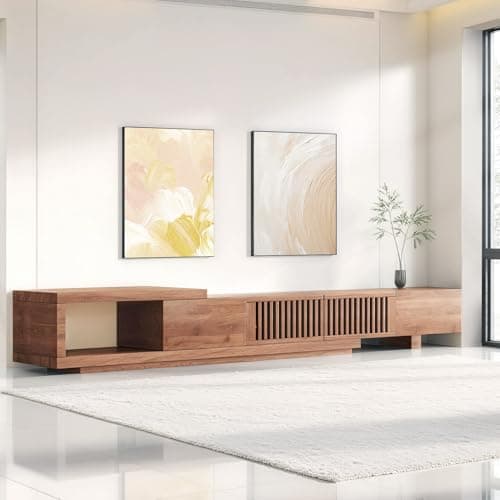 Image of LineCrispton Extendable TV Unit in Walnut- 200-262cm Adjustable Long TV Stand Cabinet with Storage for 65 75 85 Inch Television, Wooden Media Console with Drawers for Living Room