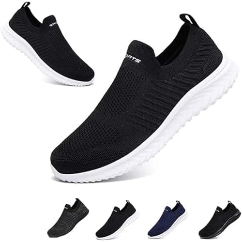 Image of Mens Womens Slip On Trainers Casual Nordic Walking Shoes Breathable Running Shoes Nurse Work Shoes Lightweight Tennis Shoes Soft Mesh Gym Workout Sneakers Black White EU40 Convert UK6