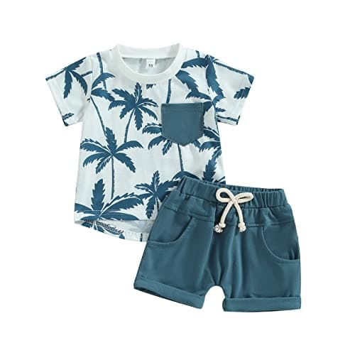 Image of Geagodelia Toddler Baby Boy Summer Short Sleeve Tropical Tree Print Tank Tops Pullover Cotton Solid Color Elastic Pocket Short Tracksuit Outfit Clothes 2Pcs Set (Blue, 18-24 Months)