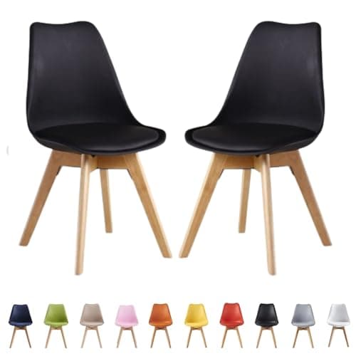 Image of Single Set of 2/4/6 Retro Modern Dining Chairs – Lorenzo Plastic Chairs with Cushioned Pad Seat & Solid Beech Wooden Legs - Side Chair for Living Room Kitchen Office Lounge (Black, Pack of 2)