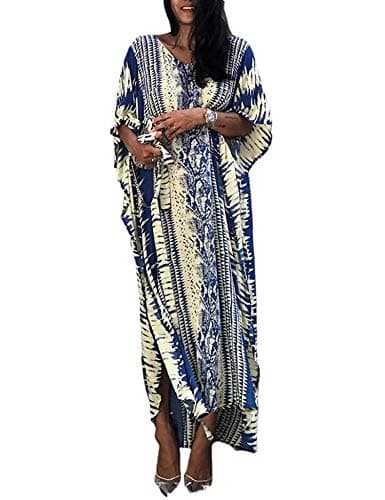 Image of Orshoy Womens Beach Bikini Cover Up Rayon Kaftan Dress Sarong Tunic Swimsuit Swimwear Plus Size A-Blue