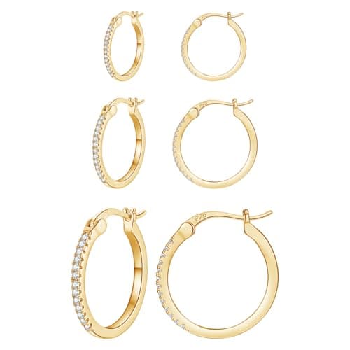 Image of 3 Pairs Gold Hoop Earrings for Women, Hypoallergenic Small 14K Gold Plated Huggies Hoop Earrings Set with Cubic Zirconia Sleeper Cartilage Earrings Stack for Multiple Piercing Mothers Day Gifts