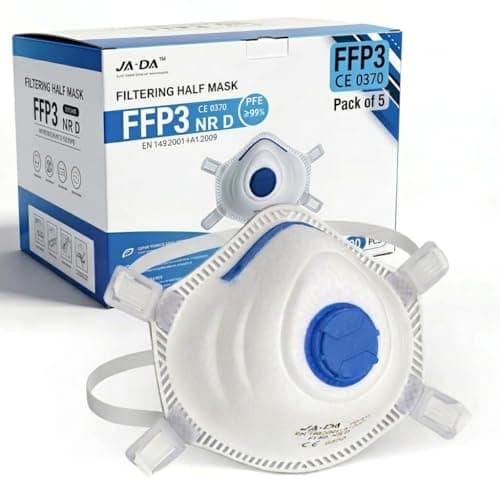 Image of FFP3 Dust Masks for Fine Dust ≥99% FFP3 Mask 5 Pack Disposable Face Masks for Cleaning Mould -Valved, EN 149 Respirator, Adjustable Clip & Straps, Lightweight PPE - Construction, Sanding & Industries