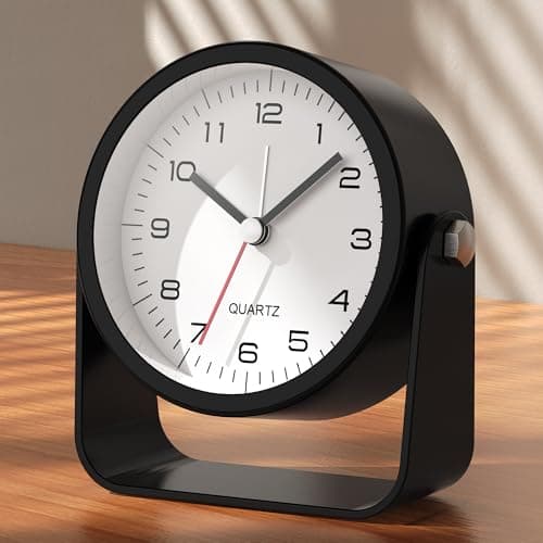 Image of AYRELY 3.5-Inch Analogue Alarm Clock - Silent, Non-Ticking Bedside Clock with Retro Design, Adjustable Angle, Battery Operated, Desk Clock with Light (Black)