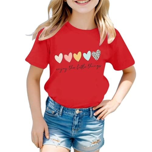 Image of Cute Graphic Print Cotton T-Shirt - Girls' Lightweight Soft Top - Round Neck Short Sleeve Tee - Summer Casual Shirt - School Tee - Christmas T-Shirt - Age 3-12 (02-Red, 7-8 Years)