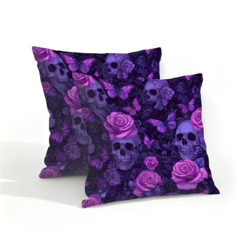 Image of Mexpekil Outdoor Cushion Covers 40cm X 40cm 2 Pack Waterproof Soft Pillow Cases Gothic Dark Purple Skulls Roses Decorative Pillow Cover Protectors for Sofa Garden Patio Home Decor