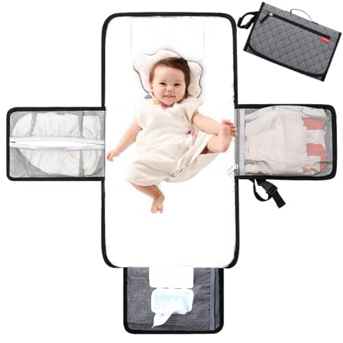 Image of Lekebaby Portable Nappy Changing Mat Travel Baby Change Mat with Wipe-Pocket and Head Cushion, Diamond Quilting Grey