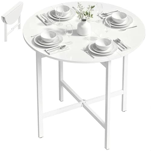 Image of HOMCOM Folding Dining Table, Collapsible Drop Leaf Table for Small Spaces, Extendable Kitchen Table with Steel Frame, White