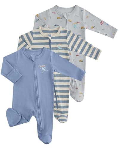 Image of JiAmy Baby Boys Girls Cotton Sleepsuits 3 Pack, Zip-Up Babygrow with Footed and Fold-Over Mittens Grey 6-9 Months