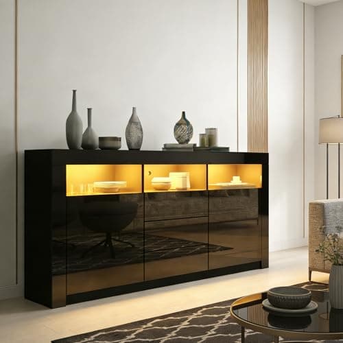 Image of BESTWANTED Black High Gloss Sideboard Cabinet with LED Lights for Living Room, Modern Storage Furniture with 2 Doors 3 Drawers, 160 x 35 x 72cm