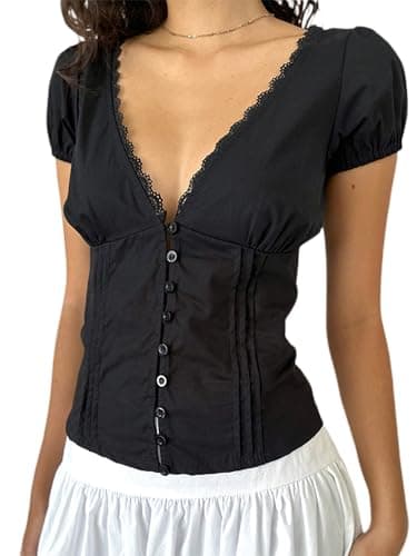 Image of Women's Elegant V Neck Lace Trim Short Sleeve Tops Button Down Shirts Vintage Blouse Casual Business Work Tops (A-Black, S)
