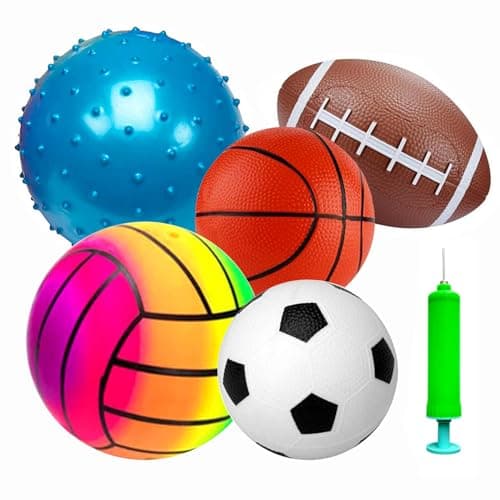 Image of POTWPOT Sports Ball Toys, 5pcs Inflatable Sport Balls Set with Pump, Includes Football, Basketball, Volleyball, Rugby, Acanthosphere, Outdoor Games for Kids Beach Balls Toys