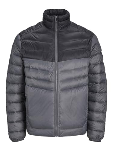 Image of JACK & JONES Mens Quilted Jacket Windproof 100% Nylon Long Sleeve Outdoor Puffer Jacket for Men, Asphalt Colour, Size- L