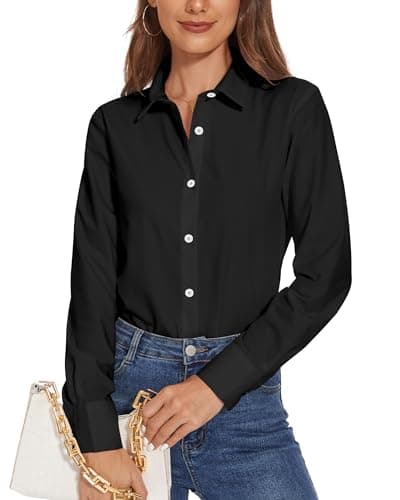Image of SPRING SEAON Womens Dress Shirts Long Sleeve Button Down Blouse Collared Regular Fit Wrinkle Free Office Work Casual Tops Ladies Work Shirt Black