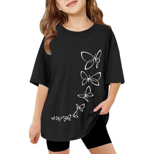 Image of Kids Short Sleeve Butterfly T Shirts Girls Age 3-13 Years Round Neck Summer Tshirts Teenage Girls Fashion Graphic Cute Cartoon Casual Jogging Athletic School Blouse Tops (Black, 12-13 Years)