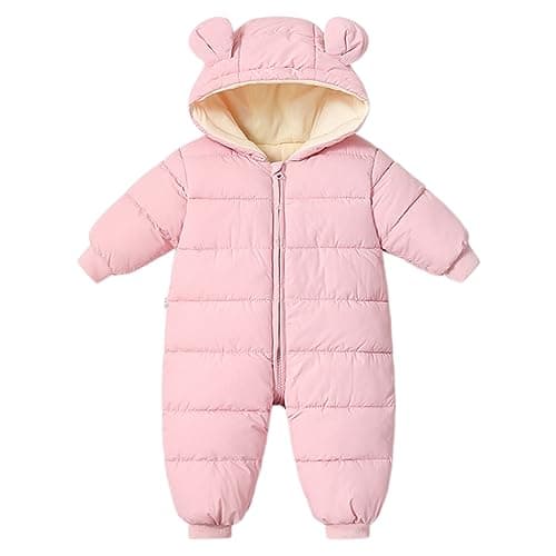 Image of Baby Girls Boys Snowsuit Winter Coat Newborn Thick Zipper Jumpsuit Infant Windproof Hooded Fleece Romper Outerwear Pink 6-9 Months
