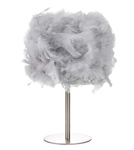 Image of Happy Homewares Modern and Chic Real Grey Feather Table Lamp with Satin Nickel Base and Switch - Perfect for Childrens Bedroom - 40w Maximum SES Bulb